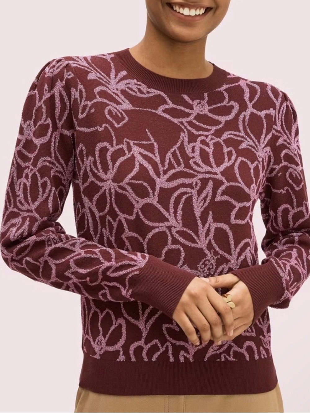 Kate Spade Scribble Flora Sweater in dark maroon “Mission Fig” color
